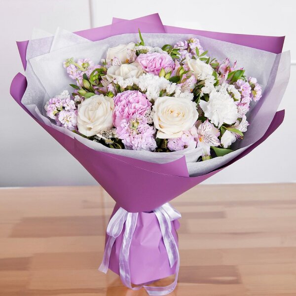 Alstromeria white, soft pink - 6, White rose 50 cm - 7, Carnation white, cream - 4, Pink Matthiola - 7, Pink carnation - 3, Pistachio, Wrapping Paper, White statice