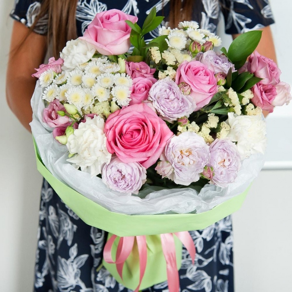 Pink rose 50 cm - 5, Spray peony rose Lavander, 50 cm - 2, Carnation white, cream - 6, Athos poms Stallion - 4, Pink Lisianthus (Eustoma) - 2, Ruscus, Yellow Statice, Wrapping Paper