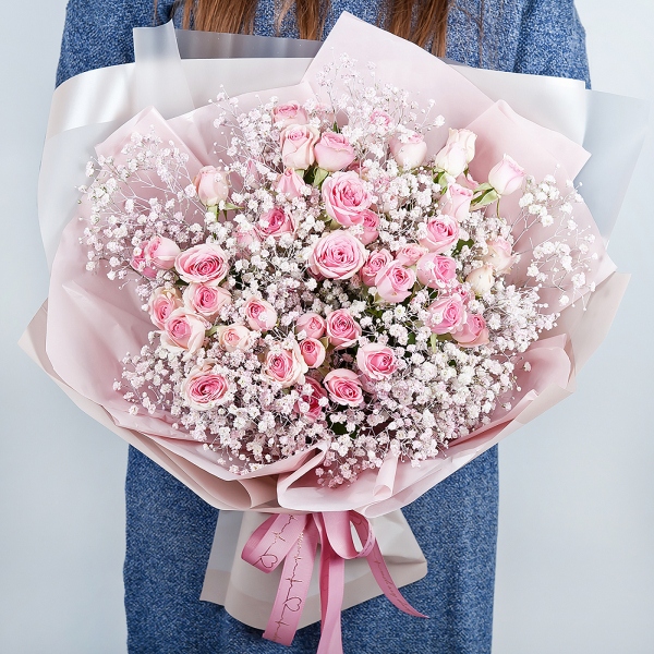 Bright pink spray rose mix, 50 cm - 7, Colored gypsophila - 7, Wrapping Paper
