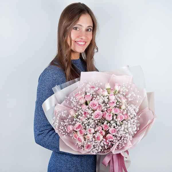 Bright pink spray rose mix, 50 cm - 7, Colored gypsophila - 7, Wrapping Paper