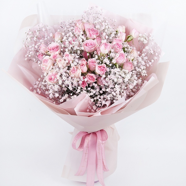 Bright pink spray rose mix, 50 cm - 7, Colored gypsophila - 7, Wrapping Paper