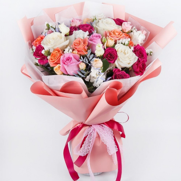 White rose 50 cm - 5, Pink rose 50 cm - 5, Spray rose: white, cream, light pink 50 cm - 3, lisianthus - 2, Bright pink spray rose mix, 50 cm - 3, Spray rose: yellow, orange 50 cm - 3, White statice, Pistachio, Wrapping Paper