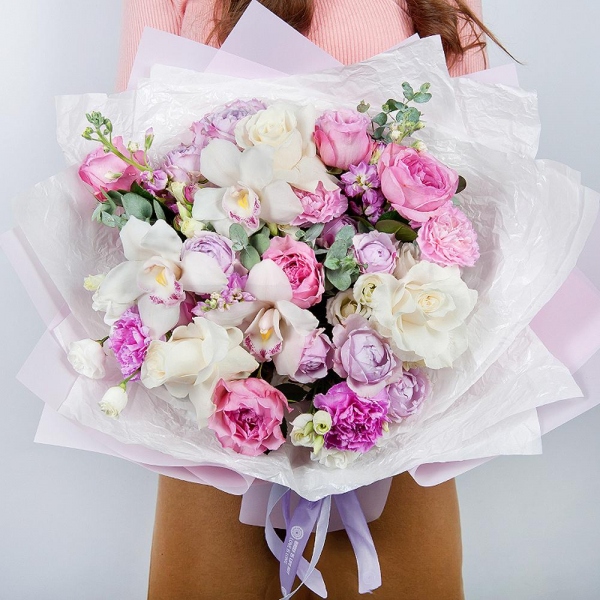 White rose 50 cm Ecuador - 5, Pink rose 50 cm - 9, Spray peony rose Lavander, 50 cm - 3, Pink carnation - 4, Matthiola Lilac - 4, White Cymbidium Orchid Bud - 3, lisianthus - 3, Lilac carnation - 4, Flask for orchids, Eucalyptus Cinerea, Wrapping Paper
