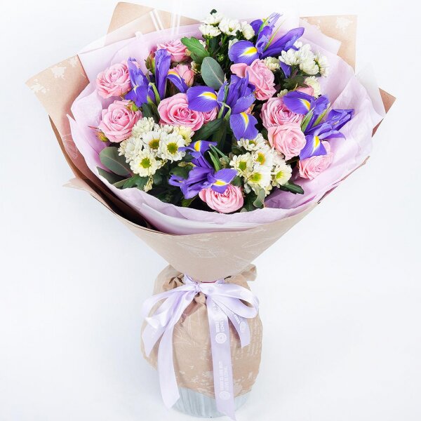 Irises - 7, Santini White Spray Chrysanthemum - 5, Bright pink spray rose mix, 50 cm - 3, Eucalyptus Cinerea, Wrapping Paper