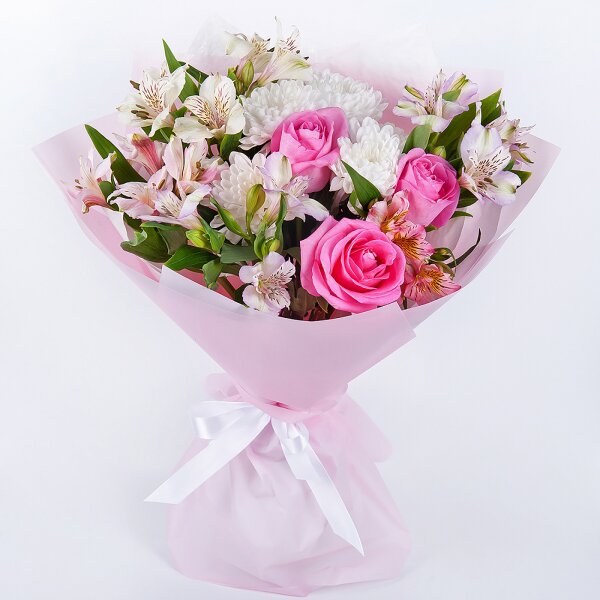 Alstromeria white, soft pink - 6, Baltica White Spray Chrysanthemum - 2, Pink rose 50 cm - 7, Wrapping Paper