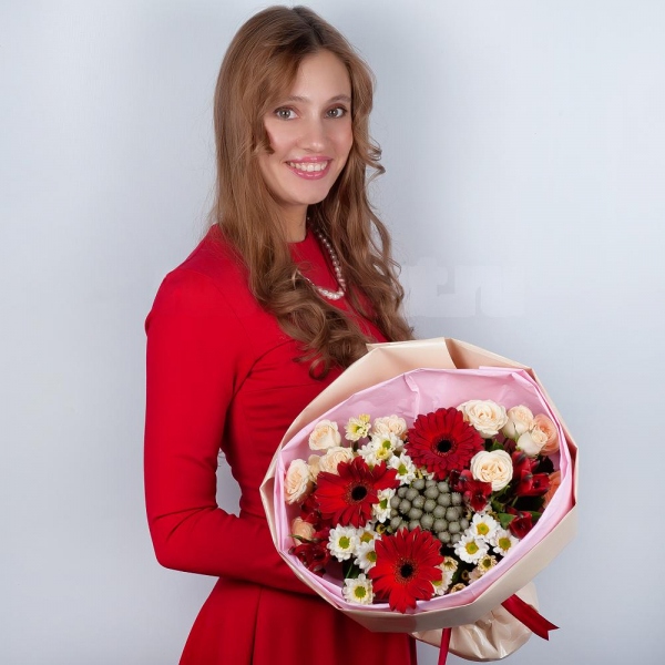 Gerbera red - 3, Santini White Spray Chrysanthemum - 5, Spray rose: white, cream, light pink 50 cm - 4, Alstromeria Red, Bright Pink - 4, Brunia Green Lanuginosa (1 pc.), Wrapping Paper, Ribbon