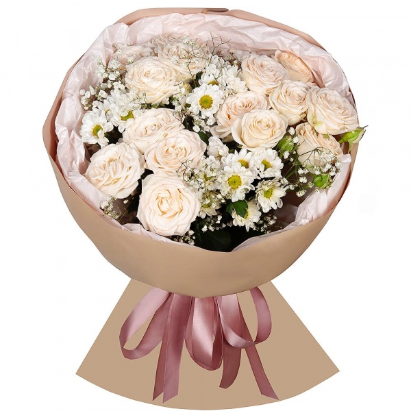Spray rose: white, cream, light pink 50 cm - 6, Athos poms Stallion - 4, Gypsophila - 2, Wrapping Paper