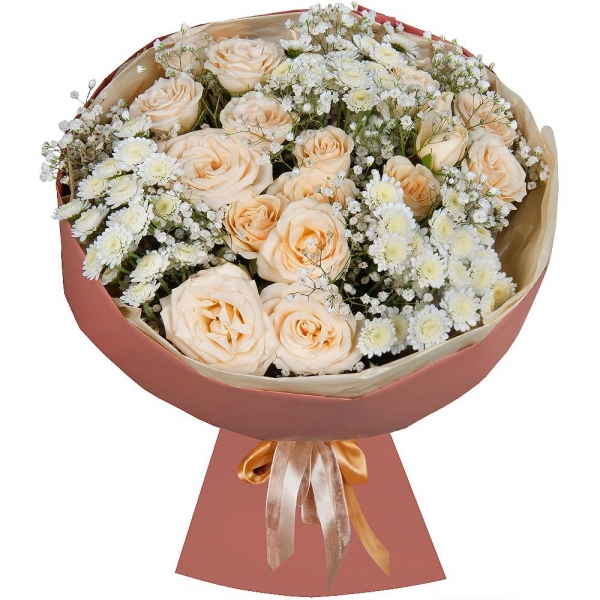 Spray rose: white, cream, light pink 50 cm - 6, Athos poms Stallion - 4, Gypsophila - 2, Wrapping Paper