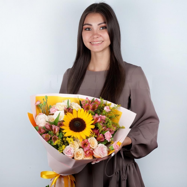 Sunflower - 1, Spray rose: white, cream, light pink 50 cm - 3, Pink rose 50 cm - 5, Pink spray carnation - 6, Alstromeria Red, Bright Pink - 6, Baltica White Spray Chrysanthemum - 1, Solidago (1 pc.), Wrapping Paper
