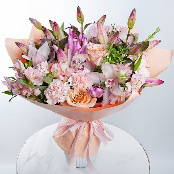 Pink lily - 3, White Cymbidium Orchid Bud - 6, Pink carnation - 9, Rose Cream 50 cm - 7, Alstromeria white, soft pink - 6, Flask for orchids, Pistachio, Wrapping Paper