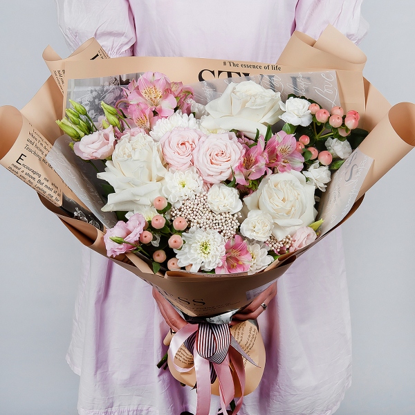 White rose 50 cm Ecuador - 3, Baltica White Spray Chrysanthemum - 3, Pink Lisianthus (Eustoma) - 2, Bright pink spray rose mix, 50 cm - 3, Alstromeria white, soft pink - 4, Carnation white, cream - 4, Ozotamnus, Hypericum, Wrapping Paper