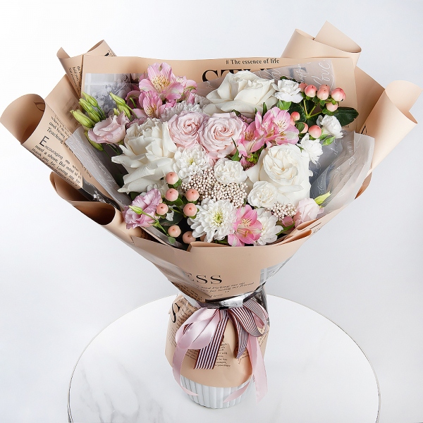 White rose 50 cm Ecuador - 3, Baltica White Spray Chrysanthemum - 3, Pink Lisianthus (Eustoma) - 2, Bright pink spray rose mix, 50 cm - 3, Alstromeria white, soft pink - 4, Carnation white, cream - 4, Ozotamnus, Hypericum, Wrapping Paper