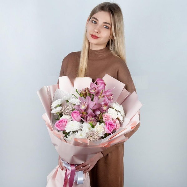 Baltica White Spray Chrysanthemum - 4, Bright pink spray rose mix, 50 cm - 2, Pink rose 50 cm - 3, Alstromeria white, soft pink - 5, Carnation white, cream - 3, Pink Cymbidium Orchid Bud - 7, Wrapping Paper