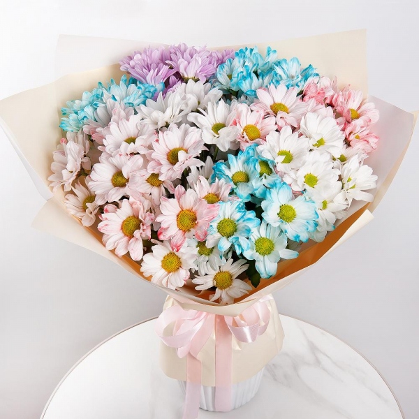 Chrysanthemum spray Bacardi dyed blue - 3, Bacardi White Spray Chrysanthemum - 4, Bacardi Pink Spray Chrysanthemum - 4, Wrapping Paper