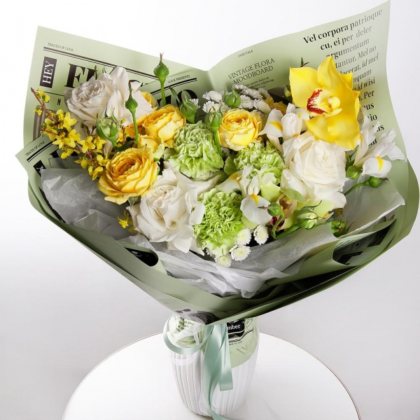 Orchid bud yellow/brown Cymbidium - 1, Green carnation - 5, White iris - 5, Athos poms Stallion - 3, Peony sprayrose - 2, White rose 50 cm Ecuador - 3, Green Cymbidium Orchid Bud - 1, Flask for orchids, Artificial branch, Wrapping Paper