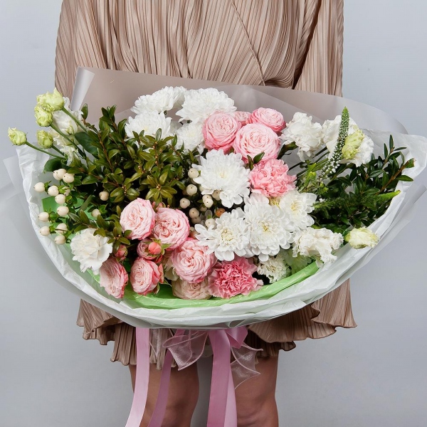 Baltica White Spray Chrysanthemum - 3, Peony sprayrose - 2, lisianthus - 2, Pink carnation - 7, Veronica spray, Hypericum, Pistachio, Wrapping Paper