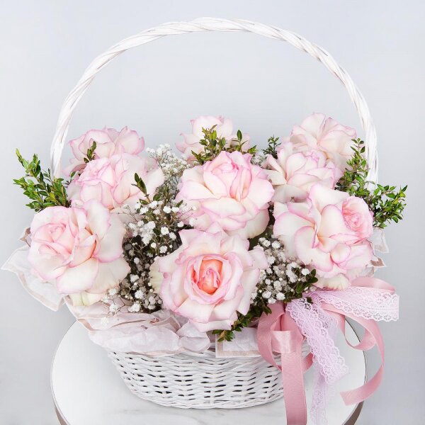 Rose Esperance - 11, Gypsophila - 3, Medium Basket, Pistachio, Oasis, Wrapping Paper