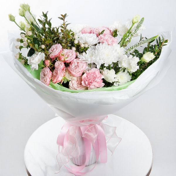 Baltica White Spray Chrysanthemum - 4, Peony sprayrose - 2, lisianthus - 2, Pink carnation - 9, Veronica spray, Hypericum, Pistachio, Wrapping Paper