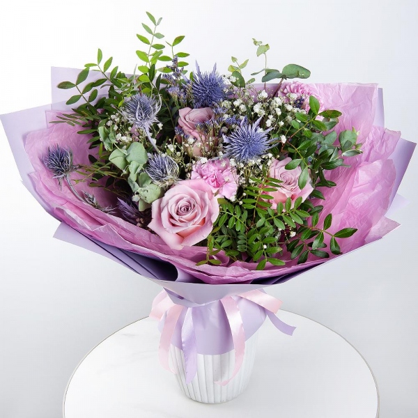 Pink rose 50 cm - 3, Pink carnation - 5, Gypsophila - 3, Eryngium, Pistachio, Eucalyptus, Wrapping Paper