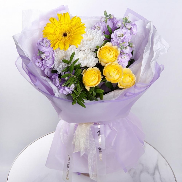 Baltica White Spray Chrysanthemum - 1, Gerbera yellow - 3, Spray rose: yellow, orange 50 cm - 1, Matthiola Lilac - 2, Pistachio, Wrapping Paper