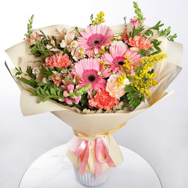 Gerbera pink - 3, Chamomile - 2, Pink carnation - 5, Alstromeria white, soft pink - 4, Pink Matthiola - 3, Carnation white, cream - 4, Solidago (1 pc.), Yellow Statice, Pistachio, Wrapping Paper