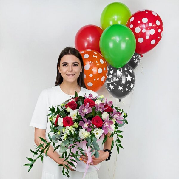 Red rose 50 cm - 10, Pink Cymbidium Orchid Bud - 10, lisianthus - 6, Round flower box medium, Film, Oasis, Eucalyptus Cinerea, Flask for orchids, Aspidistra (1 pc.), Helium Balloon (1 pc.), Ruscus italian, Ribbon