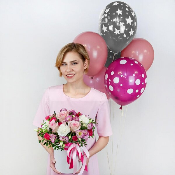 Carnation white, cream - 4, Pink rose 50 cm - 7, Pink Lisianthus (Eustoma) - 7, Pink spray carnation - 4, Round flower box small , Oasis, Film, Pistachio, Ribbon, Helium Balloon (1 pc.)