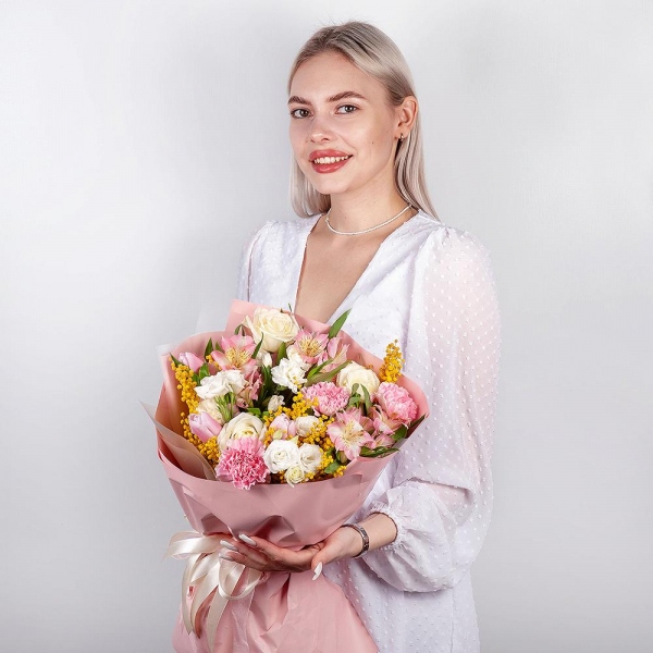White rose 50 cm - 3, Alstromeria white, soft pink - 3, White spray carnation - 1, lisianthus - 1, Pink tulip - 11, Mimosa - 1, Pink carnation - 7, Wrapping Paper