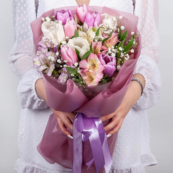 Alstromeria white, soft pink - 3, Pink tulip - 6, Gypsophila - 1, Tulip white - 6, Lilac tulip - 5, Wrapping Paper