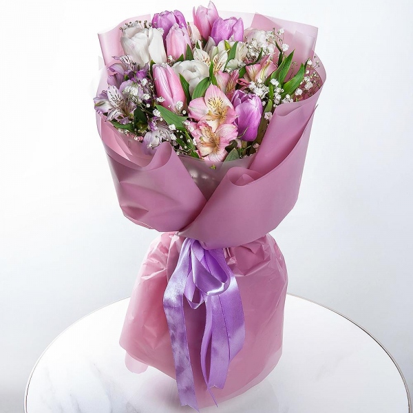 Alstromeria white, soft pink - 3, Pink tulip - 6, Gypsophila - 1, Tulip white - 6, Lilac tulip - 5, Wrapping Paper