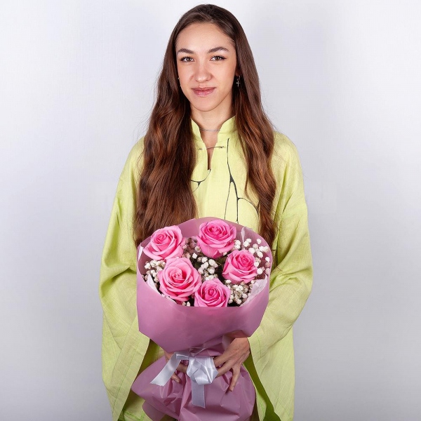Pink rose 50 cm - 7, Gypsophila - 1, Wrapping Paper