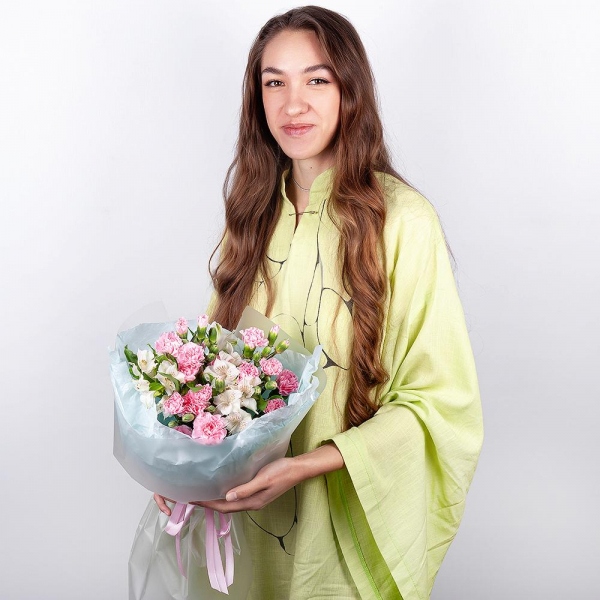 Pink spray carnation - 9, Alstromeria white, soft pink - 5, Wrapping Paper