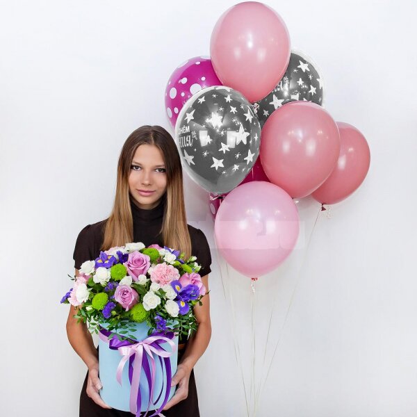 Deep Purple rose - 5, Spray rose: white, cream, light pink 50 cm - 7, Pink carnation - 3, Irises - 3, Athos pom Feeling Green - 2, Round flower box medium, Oasis, Film, Pistachio, Blue Statice, Helium Balloon (1 pc.), Ribbon